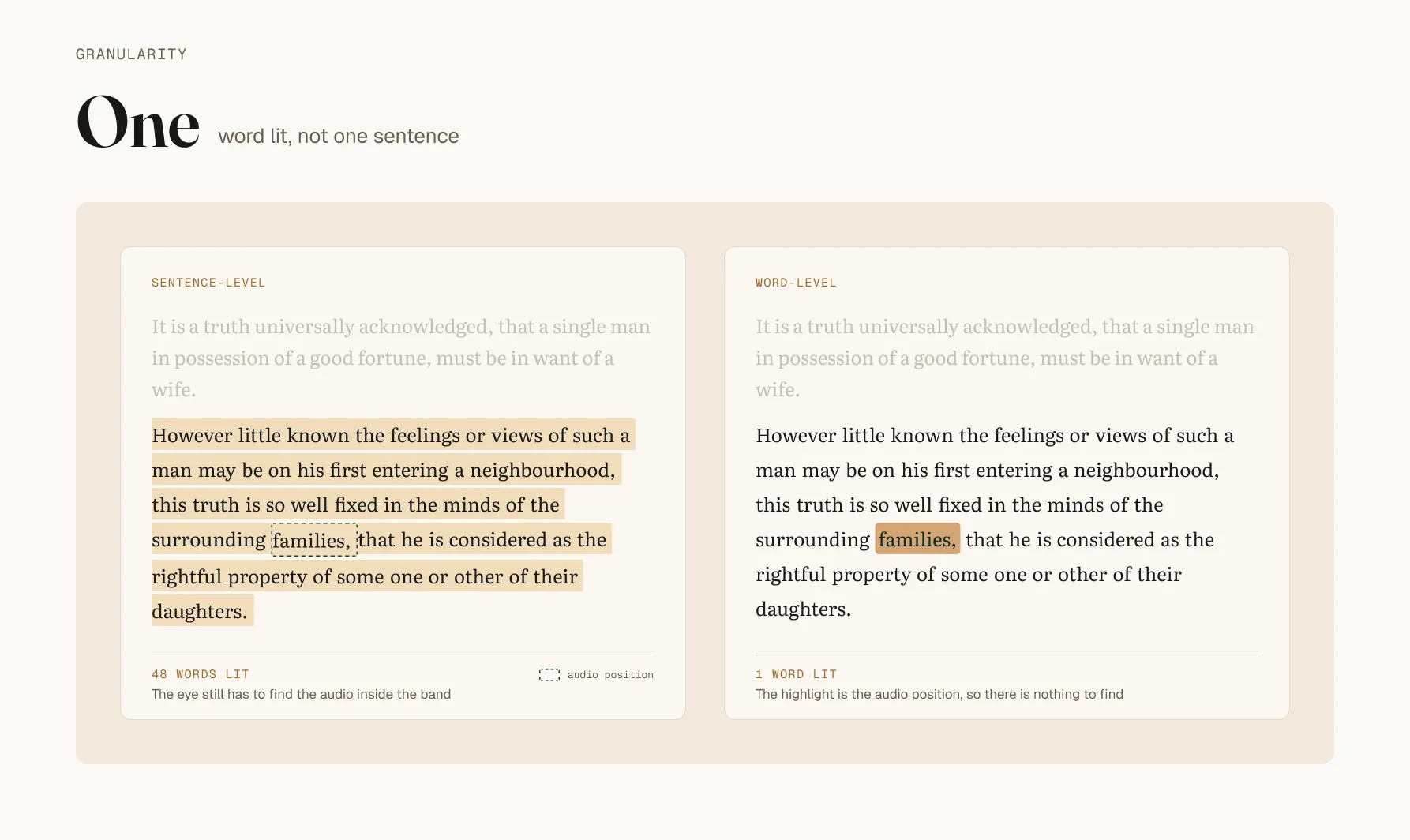 The same passage shown twice side by side, with a whole sentence highlighted on the left and a single word highlighted on the right.