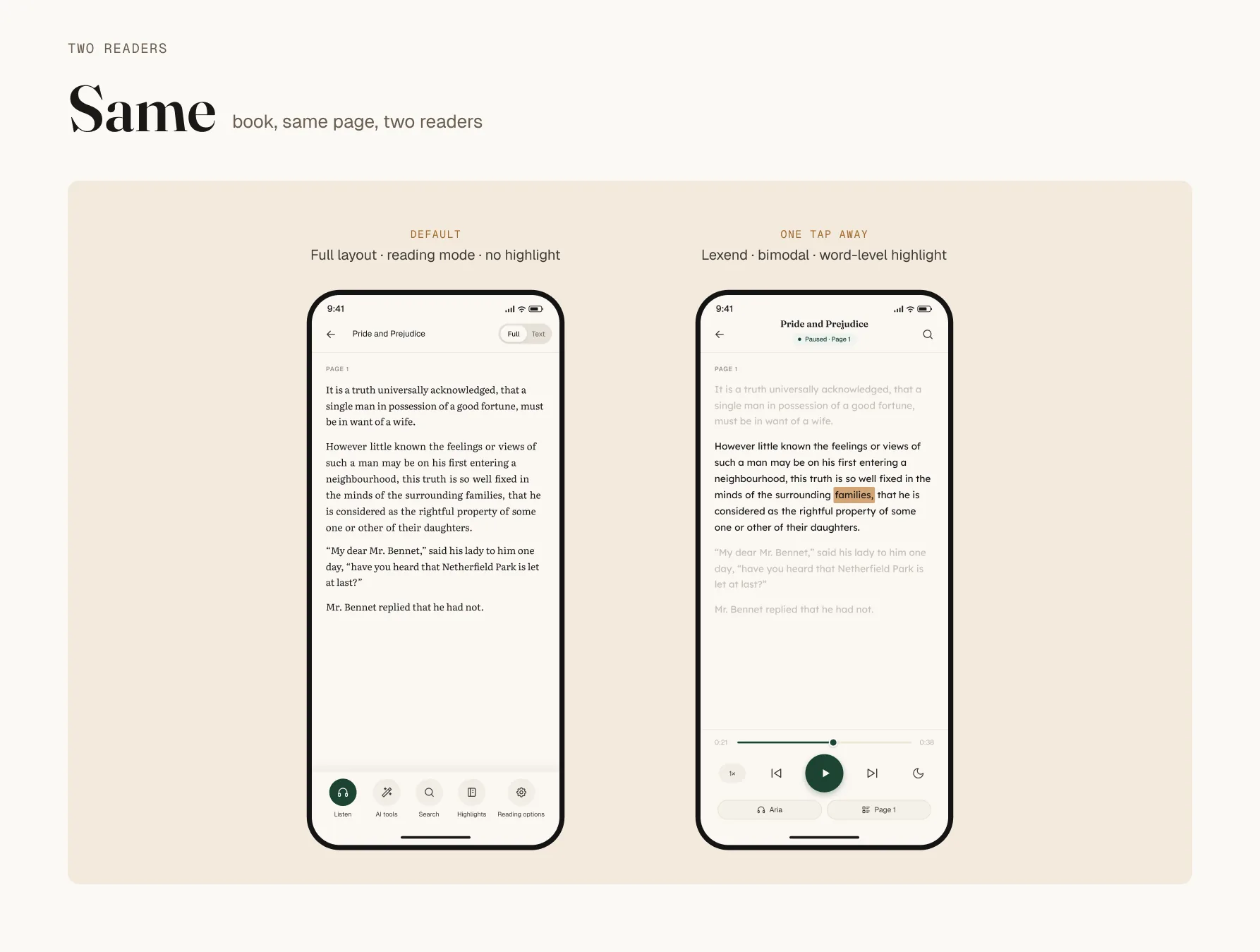 The same page of the same book shown twice: on the left in the default configuration with a serif typeface and no highlighting, on the right with bimodal mode on, Lexend, and a word highlighted mid-playback.